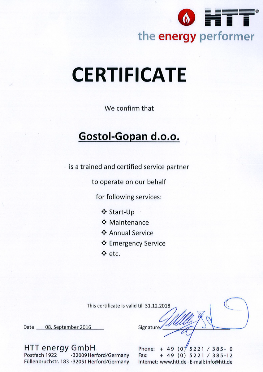 Гостол – Гопан д.о.о - официальный сертифицированный сервисный партнер компании НТТ из Германии